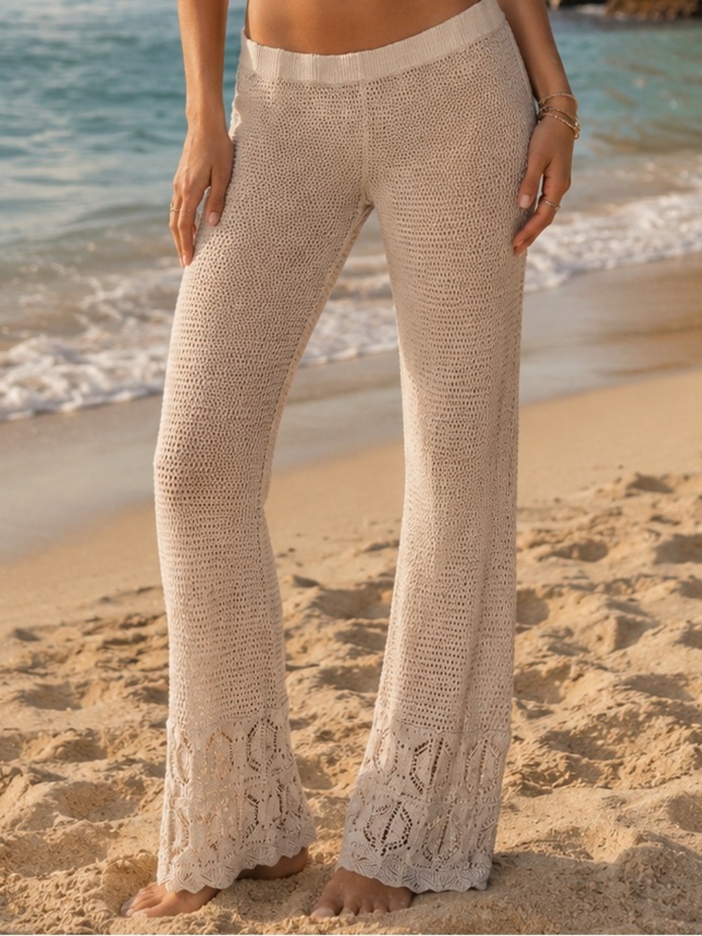 Beige Crochet Wide-Leg festival lounge or Beach Pants